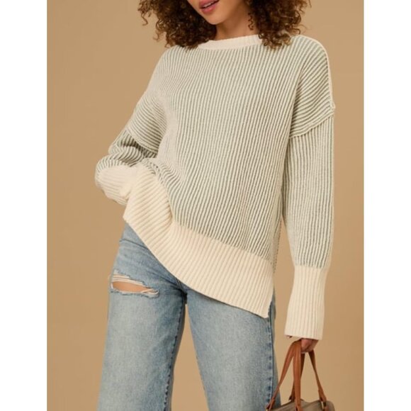 Women Fall Lightweight Oversized Crew Neck Sweater Long Sleeve Color Block - Picture 3 of 5